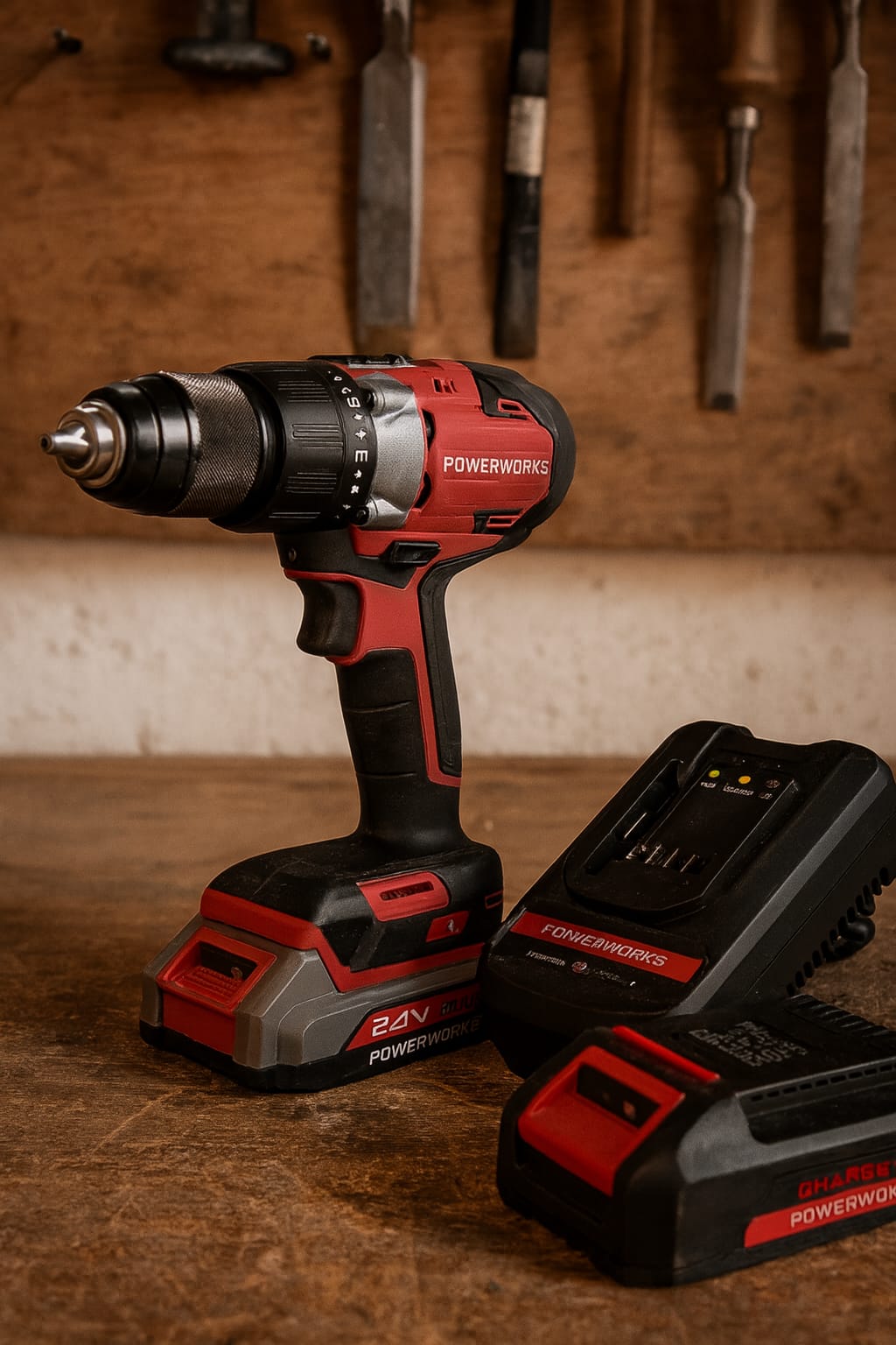 Akkuschrauber - HAMMERBOHRSCHRAUBER – SET MIT 2 AKKUS & LADEGERÄT POWERWORKS 24V