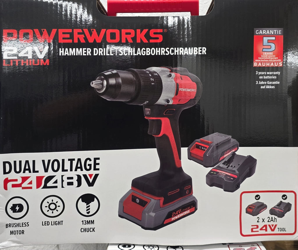 Akkuschrauber - HAMMERBOHRSCHRAUBER – SET MIT 2 AKKUS & LADEGERÄT POWERWORKS 24V